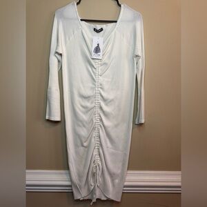 White Quarter Bell Sleeve Ruched Dress